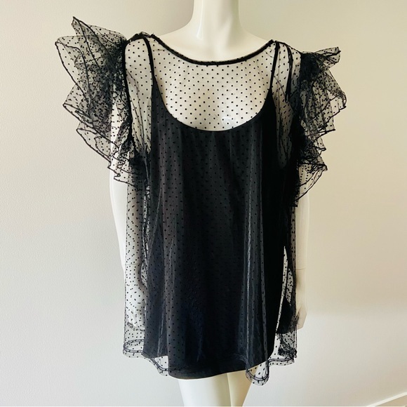 City Chic Spotty Time top in black, short frilled sleeves, dobby spot top Size22 - Picture 6 of 14